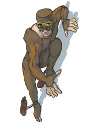  1boy absurdres bodysuit brown_bodysuit brown_shoes chanta_(ayatakaoisii) closed_mouth full_body goggles goggles_on_head highres jojo_no_kimyou_na_bouken lang_wrangler male_focus shoes simple_background solo stone_ocean unworn_shoes white_background 