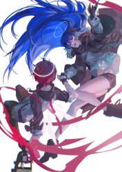  2girls arknights arm_up belt black_belt black_boots black_gloves black_horns black_jacket black_pantyhose black_shirt black_shoes black_shorts blue_eyes blue_hair blue_tongue boots chinese_commentary chromatic_aberration colored_tongue commentary_request e-majun exusiai_(arknights) fingerless_gloves gloves halo highres holding_hands horns jacket long_hair mostima_(arknights) multiple_girls navel open_clothes open_jacket open_mouth pantyhose shirt shoes short_hair shorts simple_background smile very_long_hair white_background white_halo white_shirt 