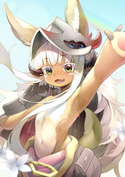  1other absurdres animal_ear_fluff arm_up armpits black_horns body_fur brown_fur chinese_commentary cloak commentary_request cowboy_shot day fang flower fur_cloak helmet highres horns long_sidelocks looking_at_viewer made_in_abyss nanachi_(made_in_abyss) navel open_mouth other_focus outstretched_arms pants pouch rainbow short_hair_with_long_locks sidelocks smile solo spread_arms tail topless_other two-tone_fur very_long_sidelocks waving whiskers white_flower white_hair xiangping_saguo yellow_eyes 