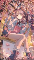  ;) black_boots blunt_bangs boots character_hair_ornament cherry_blossoms closed_mouth collared_shirt commentary day english_commentary falling_petals fcjfior floating_hair hair_ornament highres hololive hololive_english lace-up_boots long_hair long_sleeves looking_at_viewer mole mole_under_eye ninomae_ina'nis on_swing one_eye_closed outdoors overall_shorts overalls petals pink_overalls pointy_ears purple_hair shirt sidelocks smile socks strap_slip sweater swing takodachi_(ninomae_ina'nis) virtual_youtuber white_shirt white_socks white_sweater 