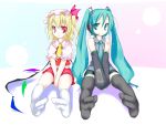  crossover feet flandre_scarlet hatsune_miku highres long_hair red_eyes socks thighhighs touhou twintails usotsukiya very_long_hair vocaloid 