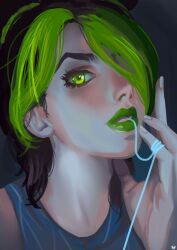  1girl black_hair close-up commentary eyeshadow green_eyes green_hair green_lips hair_over_one_eye highres jojo_no_kimyou_na_bouken kujo_jolyne looking_at_viewer makeup mascara multicolored_hair parted_lips serbianhero solo string two-tone_hair v-shaped_eyebrows 