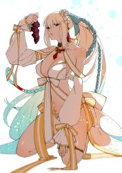  1girl blue_eyes bow braid doku_butsu fate/grand_order fate_(series) food fruit grapes hair_between_eyes hair_bow hair_ornament half_up_braid highres long_hair looking_at_viewer morgan_le_fay_(fate) morgan_le_fay_(water_princess)_(fate) ponytail simple_background solo stomach_tattoo swimsuit tattoo very_long_hair white_hair 