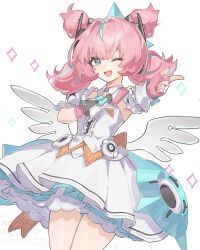  1girl aqua_hair aqua_streaks aria_(zenless_zone_zero) blue_eyes bridal_gauntlets center_frills cowboy_shot cropped dress finger_gun fingerless_gloves frilled_dress frills gloves hand_on_own_shoulder highres looking_at_viewer multicolored_hair one_eye_closed pink_gloves pink_hair quad_tails simple_background solo sparkle star-shaped_pupils star_(symbol) streaked_hair suwa_(swk_kkk) symbol-shaped_pupils white_background white_bridal_gauntlets white_dress white_wings wings zenless_zone_zero 