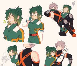  1boy 1girl armpits bakugou_katsuki bare_shoulders black_boots black_shirt blonde_hair bodysuit boku_no_hero_academia boots breasts elbow_gloves freckles genderswap genderswap_(mtf) gloves green_bodysuit green_eyes green_hair grin highres hug katsuprime large_breasts midoriya_izuku muscular muscular_male orange_bodysuit ponytail shirt short_hair simple_background smile teeth white_background white_gloves 