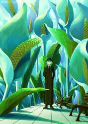  1boy androgynous artist_name bench black_coat black_hat black_necktie brown_shoes closed_mouth coat commentary_request day film_grain full_body green_hair hands_in_pockets hat highres hyperbencher long_sleeves male_focus necktie original outdoors oversized_plant red_eyes scenery shirt shoes standing straight-on vanishing_point white_shirt wooden_bench 