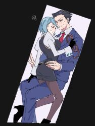  1boy 1girl ace_attorney ascot black_vest blue_jacket blue_suit encasement formal_clothes franziska_von_karma gavel holding holding_whip jacket necktie phoenix_wright red_necktie spiky_hair stuck stuck_in_a_box suit trapped vest whip white_ascot yeah_objection 