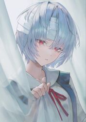  1girl ayanami_rei backlighting bandaged_head bandages birthday blue_hair blue_vest breasts cafsunsun collarbone curtains day diamond-shaped_pupils diamond_(shape) eyelashes eyes_visible_through_hair fingernails hair_between_eyes half-closed_eyes hand_up highres holding indoors looking_at_viewer medium_breasts neck_ribbon neon_genesis_evangelion open_clothes open_vest red_eyes red_ribbon ribbon sailor_collar school_uniform shirt short_hair short_sleeves solo symbol-shaped_pupils teeth tokyo-3_middle_school_uniform upper_body vest white_shirt 