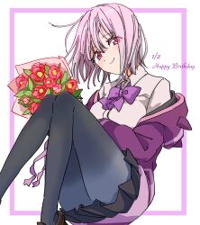  1girl birthday black_skirt border bouquet bow bowtie breasts closed_mouth collared_shirt commentary english_text grey_pantyhose gridman_universe happy_birthday highres himagosan holding holding_bouquet jacket large_breasts long_sleeves looking_at_viewer pantyhose partially_unzipped pleated_skirt purple_border purple_bow purple_bowtie purple_hair purple_jacket red_eyes school_uniform shinjou_akane shirt short_hair skirt sleeves_past_wrists smile solo ssss.gridman white_background white_shirt 