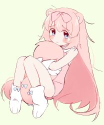  1girl animal_ears animal_hands between_legs blue_bow blue_eyes blush blush_stickers bow chromu closed_mouth commentary dress eds english_commentary footwear_bow full_body gloves green_background hair_bow highres holding_own_tail hug hugging_own_tail hugging_tail indie_virtual_youtuber knees_up long_hair looking_at_viewer messy_hair paw_gloves paw_shoes pink_bow pink_dress pink_hair raised_inner_eyebrows round_collar shoes short_dress simple_background sleeveless sleeveless_dress solo tail tail_between_legs very_long_hair virtual_youtuber white_gloves white_shoes 