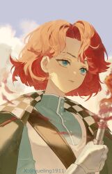  1girl absurdres blue_eyes blue_shirt blue_sky cape clouds club_(weapon) green_cape hand_up highres holding holding_club holding_weapon looking_up marsha_(reverse:1999) portrait red_hair reverse:1999 shirt short_hair sky solo twitter_username weapon yue_ling_(yueling1911) 