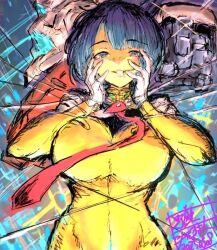  1girl 2025 blue_visor breasts cable commentary_request dated earth_federation gelgoog_(gquuuuuux) grin gundam gundam_gquuuuuux looking_at_viewer mecha mecha_pilot_suit mobile_suit moto_murabito necktie red_necktie robot scene_reference science_fiction shiiko_sugai signature smile space yandere_trance zeon zero_gravity 