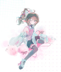  1girl absurdres ahoge animal_ears ardelia_(arknights) arknights arknights:_endfield black_skirt black_thighhighs brown_eyes brown_hair detached_sleeves eyjafjalla_(arknights) hair_ornament hairpin highres looking_at_viewer maya_(gpmp3825) medium_hair one_eye_closed pink_shirt ponytail sheep_ears sheep_girl shirt skirt solo thigh-highs white_background white_sleeves 