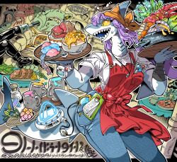  1girl 2others 3boys absurdly_detailed_composition alien apron balancing balancing_on_tail bandana bow breasts broken_tooth cable coffee_mug colored_sclera colored_skin cup denim english_commentary eyelashes fighting fins fish_tail food furry furry_female gills helmet holding holding_tray hologram jeans jellyfish jewelry kafun kicking loaded_interior meat medium_breasts mug multicolored_skin multiple_boys multiple_others necklace onigiri open_mouth original pants pasta peg_leg pocket ponytail purple_hair receipt red_apron restaurant scar science_fiction shark_fin shark_girl shark_tail sharp_teeth shirt spaghetti sweat table tail teeth tray two-tone_skin waitress watch watch webbed_hands white_shirt working 