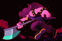  1girl 2020 2d anthro armlet artist_name attacking axe black_armlet black_background black_boots black_bracelet black_jacket boots bracelet claws colored_skin colored_teeth commentary deltarune digital_media doodledox english_commentary female female_only fewer_digits from_side full_body hair_over_eyes highres holding holding_axe holding_weapon jacket lizard lizard_girl long_hair monster monster_girl pants pink_hair pink_skin purple_pants reptile reptile_girl reptile_tail scalie sharp_teeth simple_background sleeveless sleeveless_jacket snout solo spiked_armlet spiked_bracelet susie_(dark_world)_(deltarune) susie_(deltarune) teeth tree utdr_(toby_fox) weapon yellow_teeth 