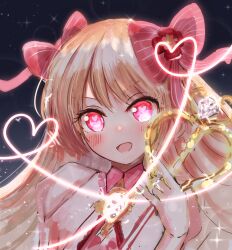  1girl artist_request bad_id bad_pixiv_id blonde_hair chaos_marie_(grimms_notes) grimms_notes hair_ribbon hand_up heart heart-shaped_pupils highres holding holding_wand jewelry long_hair looking_at_viewer necklace open_mouth pink_eyes pink_ribbon puffy_short_sleeves puffy_sleeves ribbon short_sleeves smile solo star_(sky) starry_sky_background symbol-shaped_pupils upper_body wand 