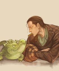  1boy animal arisue_kanako ascot black_hair black_jacket cigarette commentary_request crocodile crocodile_(one_piece) crocodilian green_ascot grey_background hook_hand jacket looking_at_another male_focus one_piece short_hair sideburns solo stitched_face stitches 