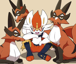  arm_on_knee bright_pupils brown_background cinderace closed_mouth commentary_request hinako_iroiro open_mouth orange_eyes pokemon pokemon_(anime) pokemon_(creature) pokemon_focus pokemon_journeys simple_background sitting smile thievul tooth white_pupils yellow_eyes 