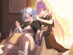  2girls alcohol black_dress blonde_hair blue_eyes blue_hair blush chabudai closed_mouth commentary commission creenoy cross-laced_clothes cross-laced_dress cup dress ear_blush english_commentary gradient_hair hanging_scroll highres hijiri_byakuren holding holding_cup holding_ears indoors kesa kumoi_ichirin layered_dress long_hair long_sleeves multicolored_hair multiple_girls open_mouth pixiv_commission purple_hair sakazuki sake scroll sitting smile table touhou very_long_hair violet_eyes white_dress wide_sleeves 