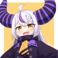  1girl :d ahoge artist_name black_horns braid commentary_request demon_girl demon_horns fangs highres hololive horns keven_(ewdx3754) la+_darknesss la+_darknesss_(1st_costume) long_hair long_sleeves looking_at_viewer multicolored_hair multicolored_horns open_mouth pointy_ears purple_hair purple_horns simple_background smile solo striped_horns virtual_youtuber white_hair yellow_eyes 