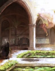  2boys arisue_kanako black_coat blonde_hair coat commentary_request crocodile_(one_piece) donquixote_doflamingo feather_cape floating hook_hand looking_at_another looking_up male_focus multiple_boys one_piece outdoors pants pink_pants shirt white_shirt 