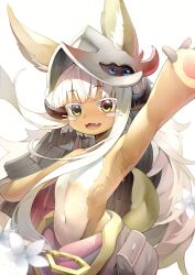  1other absurdres animal_ear_fluff arm_up armpits black_horns body_fur brown_fur chinese_commentary cloak commentary_request cowboy_shot fang flower fur_cloak helmet highres horns long_sidelocks looking_at_viewer made_in_abyss nanachi_(made_in_abyss) navel open_mouth other_focus outstretched_arms pants pouch short_hair_with_long_locks sidelocks simple_background smile solo spread_arms tail topless_other two-tone_fur very_long_sidelocks waving whiskers white_background white_flower white_hair xiangping_saguo yellow_eyes 