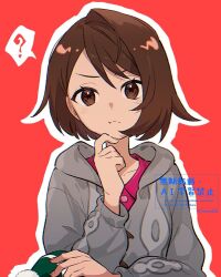  1girl ? brown_eyes brown_hair gloria_(pokemon) grey_sweater hat looking_at_viewer nisanrei121 pink_shirt pokemon pokemon_swsh red_background shirt short_hair simple_background solo sweater upper_body watermark 