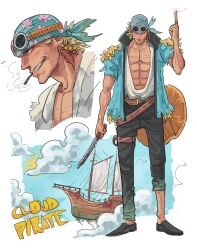  1boy abs absurdres bandana belt black_pants black_shoes blue_bandana blue_jacket brown_belt bruniosktch clouds english_text goggles goggles_on_head highres holding holding_knife jacket knife multiple_views open_clothes open_jacket original pants print_bandana ship shirt shoes short_sleeves watercraft white_shirt 