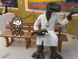  1girl :d bench braid brown_dress brown_hair center-flap_bangs chibi chibi_only closed_lab_coat commentary_request dress hasu_no_sora_school_uniform highres indoors kachimachi_kosuzu lab_coat lanyard link!_like!_love_live! long_sleeves love_live! medium_dress neckerchief on_bench oofushi_ao open_mouth photo_background pleated_dress sailor_collar sailor_dress school_uniform side_braids sitting smile solid_oval_eyes solo virtual_youtuber white_sailor_collar winter_uniform wooden_bench yellow_neckerchief 