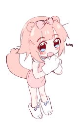  1girl :d animal_ears animal_hands blue_bow blue_eyes blush blush_stickers bow chibi chibi_only chromu commentary dress eds english_commentary footwear_bow full_body gloves hair_bow hands_up highres indie_virtual_youtuber looking_at_viewer open_mouth own_hands_together paw_gloves paw_shoes pink_bow pink_dress pink_hair shoes short_dress short_hair simple_background sleeveless sleeveless_dress smile solo standing tail tareme virtual_youtuber white_background white_gloves white_shoes 