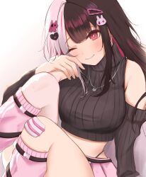  1girl absurdres bandaid bandaid_on_knee bandaid_on_leg bare_shoulders black_hair black_sleeves blush breasts bright_pupils closed_mouth colored_inner_hair cropped_sweater detached_sleeves gradient_background grey_background grey_hair hair_ornament hairclip heart heart_hair_ornament highres jewelry kneehighs knees_up large_breasts long_hair looking_at_viewer loose_socks midriff multicolored_hair necklace nijisanji one_eye_closed pink_hair pink_skirt pink_socks pink_streaks playing_with_own_hair pleated_skirt rabbit_hair_ornament red_eyes ri_shan ribbed_sleeves ribbed_sweater sitting skirt sleeveless sleeveless_sweater sleeveless_turtleneck smile socks solo split-color_hair streaked_hair sweater turtleneck virtual_youtuber white_background white_pupils yorumi_rena yorumi_rena_(16th_costume) 