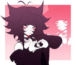  1other absurdres antenna_hair ash_kinoshita black_hair blunt_bangs camisole cardigan choker collarbone colored_skin dreamalgia fluffy_hair freckles frown goth_fashion hair_ears heart heart-shaped_pupils heart_hands highres jitome lips makeup mascara original other_focus pale_skin pink_eyes runny_makeup solo symbol-shaped_pupils white_skin 