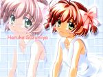  bare_shoulders blush green_eyes hair_bow open_mouth portrait redhead solo source_request suzumiya_haruka twintails wallpaper 