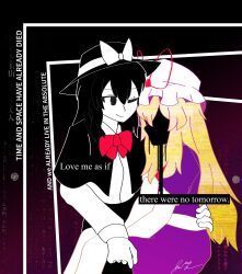  2girls absurdres black_capelet black_eyes black_hair black_hat black_skirt blonde_hair bow bowtie capelet carrying censored censored_identity commentary_request cowboy_shot dress english_commentary glitch hat hat_bow hat_ribbon highres long_hair long_sleeves maribel_hearn medium_hair mob_cap multiple_girls nexmury one_eye_closed princess_carry purple_dress red_bow red_bowtie red_ribbon ribbon shirt shirt_tucked_in short_sleeves signature skirt smile touhou usami_renko white_hat white_shirt 