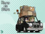  :d bag black_hair blonde_hair blue_eyes book box car chibi driving glasses long_hair michelle_cheung motor_vehicle multiple_girls nagian open_mouth polka_dot r.o.d_the_tv read_or_die reading smile spill vehicle wallpaper wavy_hair yellow_eyes yomiko_readman 