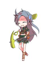  1girl back_ribbon barefoot black_shirt chibi chibi_only closed_eyes commentary_request dairi full_body grey_hair hand_up himemushi_momoyo holding holding_pickaxe holding_shovel large_variant_set long_hair midriff orange_ribbon pickaxe ribbon shirt short_sleeves shovel simple_background skirt skirt_set solo standing standing_on_one_leg tachi-e touhou transparent_background variant_set 