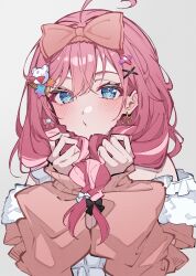  1girl absurdres ahoge bandaid bandaid_hair_ornament black_bow blue_eyes blush bow bow_earrings braid cardigan commentary crossed_bandaids earrings grey_background hair_bow hair_ornament hairclip highres jewelry kuramochi_meruto kuramochi_meruto_(loungewear) long_hair long_sleeves looking_at_viewer nightgown nijisanji pink_bow pink_cardigan pink_hair simple_background solo star_(symbol) star_earrings teddy_bear_hair_ornament twin_braids twintails virtual_youtuber white_bow white_nightgown yozakura_nozomu 