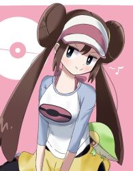  1girl back_bow black_pantyhose blue_sleeves bow breasts brown_hair dot_nose double_bun eighth_note green_eyes hair_bun hat kingdum medium_breasts musical_note pantyhose pink_background pink_bow pink_hat poke_ball_background pokemon pokemon_(creature) pokemon_bw2 raglan_sleeves red_eyes rosa_(pokemon) shirt short_shorts shorts sitting smile smug snivy twintails two-tone_hat white_hat white_shirt yellow_shorts 