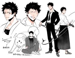  1boy black_hair black_hakama black_jacket black_necktie black_pants black_shirt black_suit boots dog gloves grey_eyes grin hakama highres iash jacket japanese_clothes katana katekyo_hitman_reborn kimono large_pectorals male_focus multiple_views muscular muscular_male necktie pants pectoral_cleavage pectorals reference_sheet sandals shirt short_hair smile spiky_hair suit sword weapon white_background white_dog white_kimono white_shirt yamamoto_takeshi 