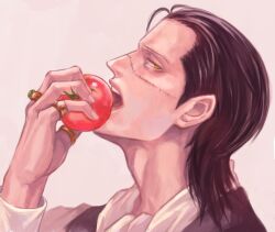  1boy arisue_kanako ascot black_hair commentary_request crocodile_(one_piece) food from_side fruit grey_background holding holding_food holding_fruit imminent_bite jewelry male_focus mature_male multiple_rings one_piece open_mouth ring short_hair sideburns solo stitched_face stitches tomato white_ascot yellow_eyes 
