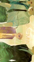  1girl 2boys black_jacket black_necktie black_pants black_suit blonde_hair chainsaw_man collared_shirt cornb2222 denji_(chainsaw_man) dress_shirt eyepatch hayakawa_aki highres jacket male_focus movie_theater multiple_boys necktie open_clothes open_jacket open_mouth pants power_(chainsaw_man) sharp_teeth shirt shirt_tucked_in short_hair sideways suit suit_pants teeth white_shirt 