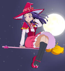  1girl absurdres black_socks bow bowtie broom broom_riding capelet commentary dress_shirt hakuino_hakase hand_in_own_hair hat highres izayoi_liko long_hair long_sleeves looking_to_the_side magic_school_uniform_(mahou_girls_precure!) mahou_girls_precure! mary_janes open_mouth precure purple_hair red_bow red_bowtie red_capelet red_hat red_shoes red_skirt school_uniform shirt shoes skirt socks solo suspender_skirt suspenders violet_eyes white_shirt wind witch_hat 