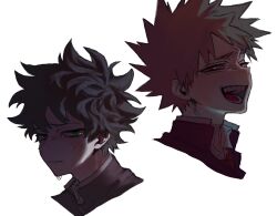  2boys bakugou_katsuki black_jacket blonde_hair boku_no_hero_academia collared_shirt commentary cropped_shoulders freckles green_eyes green_hair highres jacket male_focus midoriya_izuku multiple_boys narrowed_eyes open_mouth parted_bangs red_eyes shirt short_hair simple_background spiky_hair tamagotoji_hrak teeth white_background white_shirt 