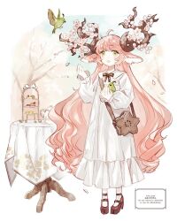  1girl ahoge animal animal_ears ao_o81 bag bird black_bow black_bowtie bow bowtie brown_bag brown_shoes cake cake_slice cherry_blossoms collared_dress dress flower food frilled_dress frills full_body green_bird hand_up highres holding holding_animal holding_bird hoof_shoes horizontal_pupils horn_flower horns long_dress long_hair long_sleeves mary_janes original outdoors pastry petals pink_flower pink_hair pink_petals puffy_long_sleeves puffy_sleeves round_table sheep_ears sheep_girl sheep_horns shoes shoulder_bag sidelocks smile socks solo star-shaped_bag table tablecloth teapot tiered_tray tree twitter_username very_long_hair watermark wavy_hair white_socks 