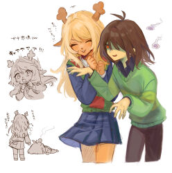  1girl 1other animal_ears antenna_hair blonde_hair blue_skirt brown_hair brown_pants closed_eyes commentary_request cowboy_shot cropped_legs deer_ears deer_girl deltarune furry furry_female green_sweater highres horns kris_(deltarune) long_hair multiple_views noelle_holiday one_eye_covered open_mouth pants red_eyes short_hair simple_background skirt smile soratake_53 standing sweater translated utdr_(toby_fox) white_background 