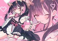  1boy animal_ear_fluff animal_ears apron black_hair bracelet cho_kaguya-hime! commentary_request crossdressing crossdressing_(mtf) finger_to_mouth frilled_apron frilled_kimono frilled_sleeves frills gradient_horns heart horns japanese_clothes jewelry kimono komazawa_noi long_hair long_sleeves looking_at_viewer male_focus multicolored_hair multicolored_horns o-ring o-ring_thigh_strap one_eye_closed pink_eyes pink_horns pink_kimono pink_streaks sitting smile solo streaked_hair tail thigh_strap tiger_ears tiger_tail trap twintails white_apron zest_(lossol) 