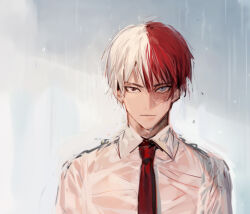  1girl :| blue_eyes boku_no_hero_academia chinese_commentary closed_mouth collared_shirt commentary_request grey_background hair_between_eyes looking_at_viewer male_focus multicolored_hair necktie portrait rain red_eyes red_hair red_necktie sanpaku shirt short_hair solo split-color_hair tian_(my_dear) todoroki_shoto two-tone_hair wet wet_clothes wet_shirt white_hair white_shirt 