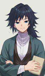  1boy absurdres alternate_costume black_hair black_kimono blue_eyes buttons closed_mouth empty_eyes green_haori haori highres holding japanese_clothes kimetsu_no_yaiba kimono kqi621 long_hair long_sleeves looking_at_viewer low_ponytail male_focus ponytail red_haori shirt simple_background smile solo spiky_hair tomioka_giyuu upper_body white_shirt 