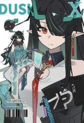  1girl arknights artist_name barcode bare_shoulders black_hair black_jacket blue_dress character_name china_dress chinese_clothes collared_shirt colored_extremities commentary cover dragon_bean_(arknights) dragon_girl dragon_horns dragon_tail dress dusk_(arknights) dusk_(everything_is_a_miracle)_(arknights) earrings expressionless eyeshadow fake_magazine_cover hair_over_one_eye holding holding_scroll horns jacket jewelry long_hair looking_at_viewer magazine_cover makeup multiple_views pointy_ears red_eyes red_eyeshadow scroll shirt sidelocks simple_background sleeveless sleeveless_shirt tail tassel white_background white_shirt xian_meng_huanyou_ji 