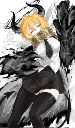  1girl black_claws black_hands black_necktie black_skirt black_thighhighs blonde_hair blush broken broken_chain brown_shoes cape chain collar colored_extremities cuffs-to-collar demon demon_girl demon_horns demon_tail don_quixote_(project_moon) e.g.o_(project_moon) gloves gold_collar halo highres horns index_(identity)_(project_moon) jacket limbus_company long_sleeves looking_at_viewer necktie procuration_(e.g.o) project_moon shirt shoes short_hair skirt slw1857 solo tail thigh-highs white_background white_cape white_shirt yellow_eyes 